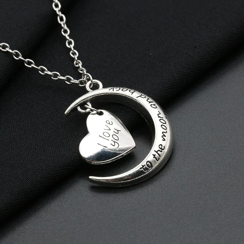 

I Love You To The Moon And Back Silver Plated Necklace Moon Heart Pendant Necklace For Lovers Femme Jewelry Gift