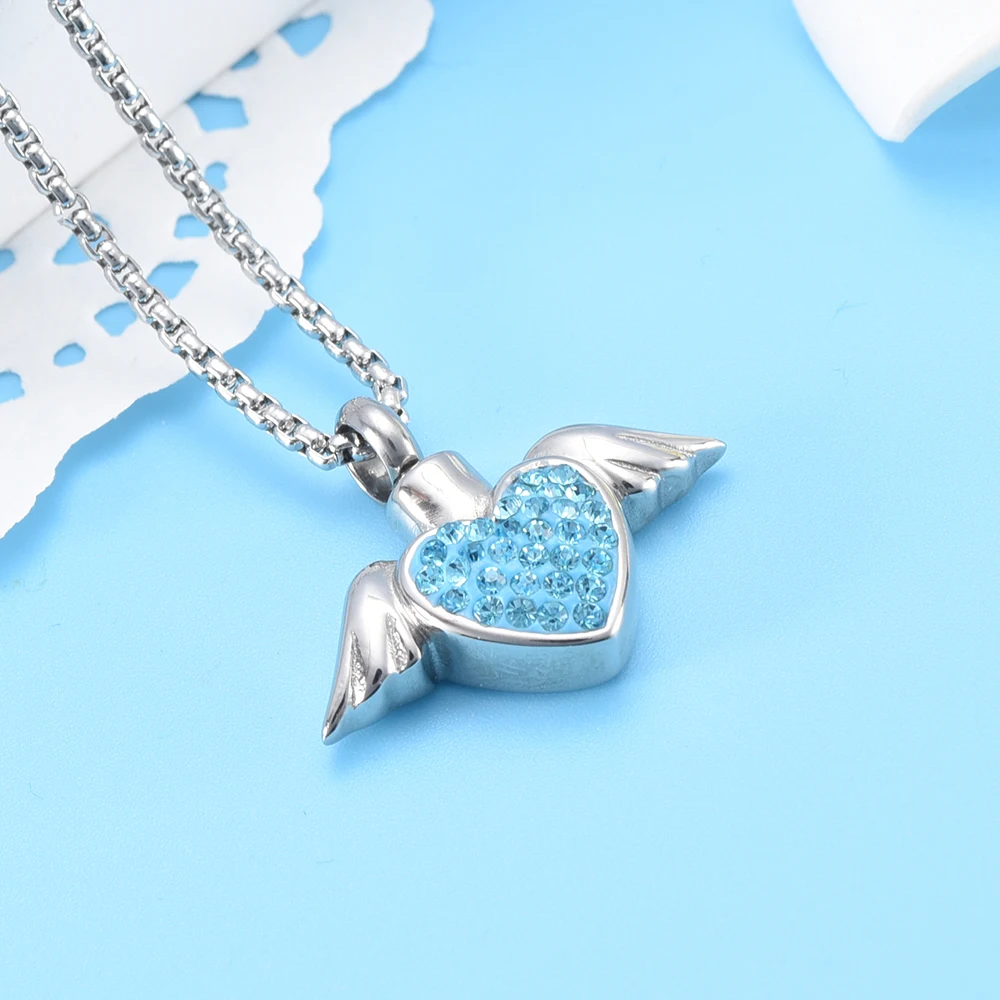 

IJD9770 Funeral Jewelry Wholesale - Stainless Steel Crystal Heart&Angel Wing Cremation Pendant Memorial Necklace for Pet Ashes