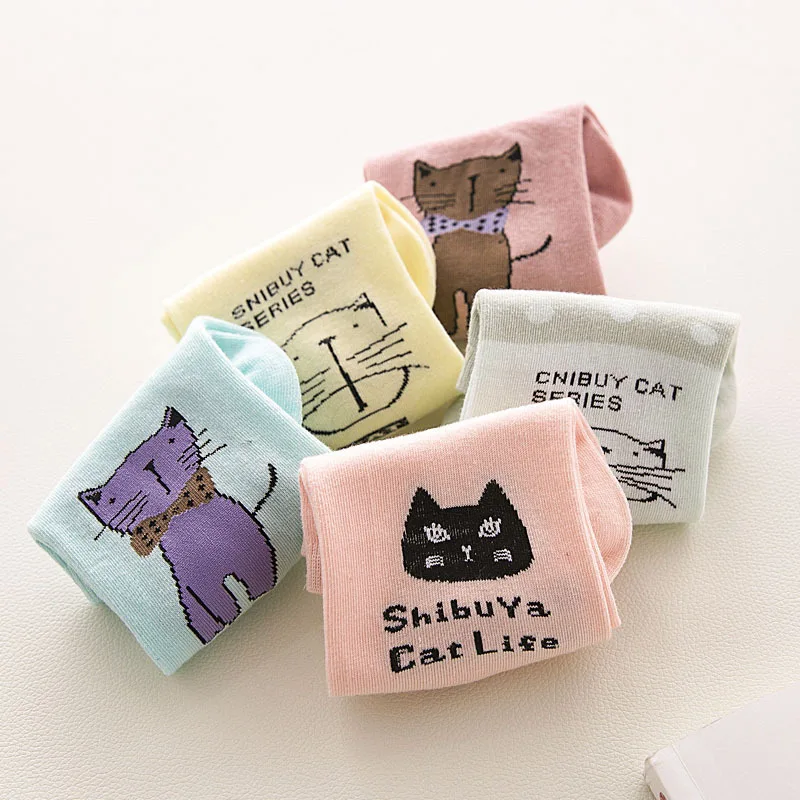 10pcs=5pairs Cute Cartoon Animal Cats Pattern Lovely Women Socks Summer Fashion Casual Harajuku Style Cotton Socks Women