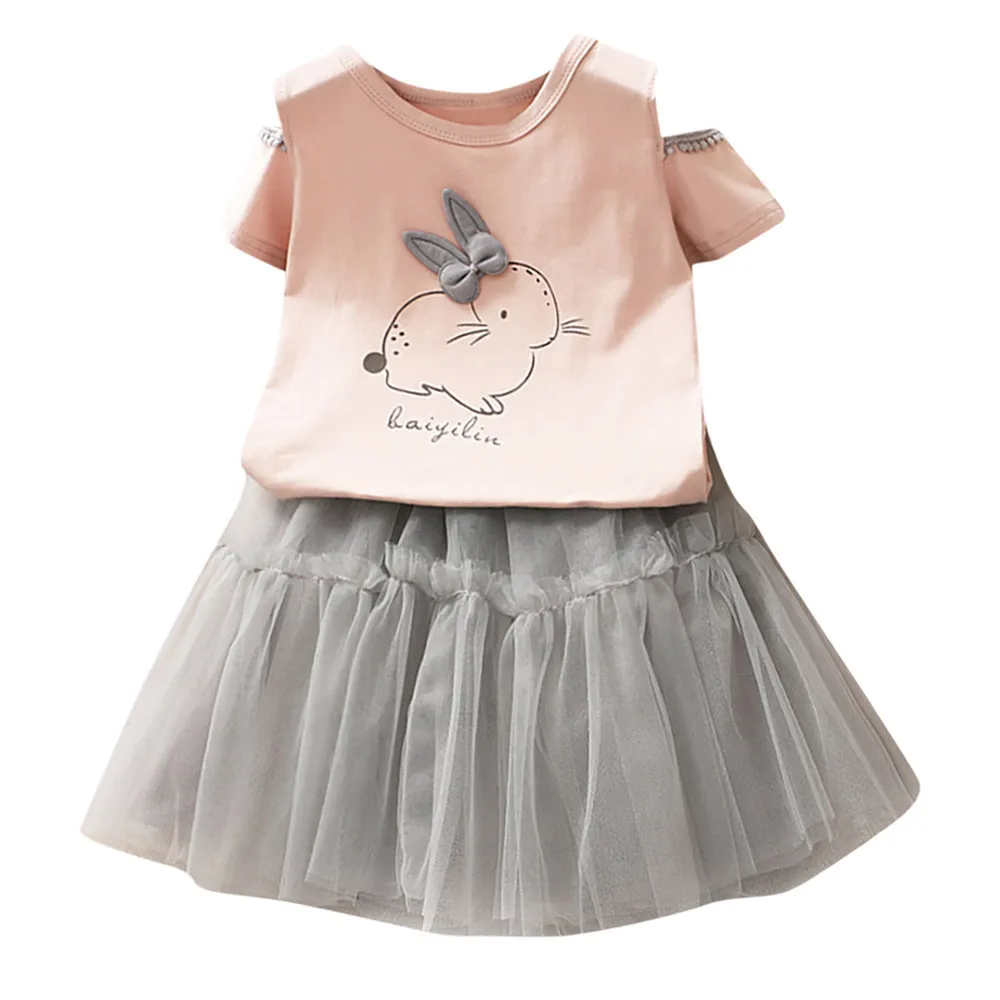 

2019 Kids Baby Summer Girls Clothing Sets Cartoon Easter bunny T shirt Tops Princess Tulle Dress Girls Clothes Set Dropshipping