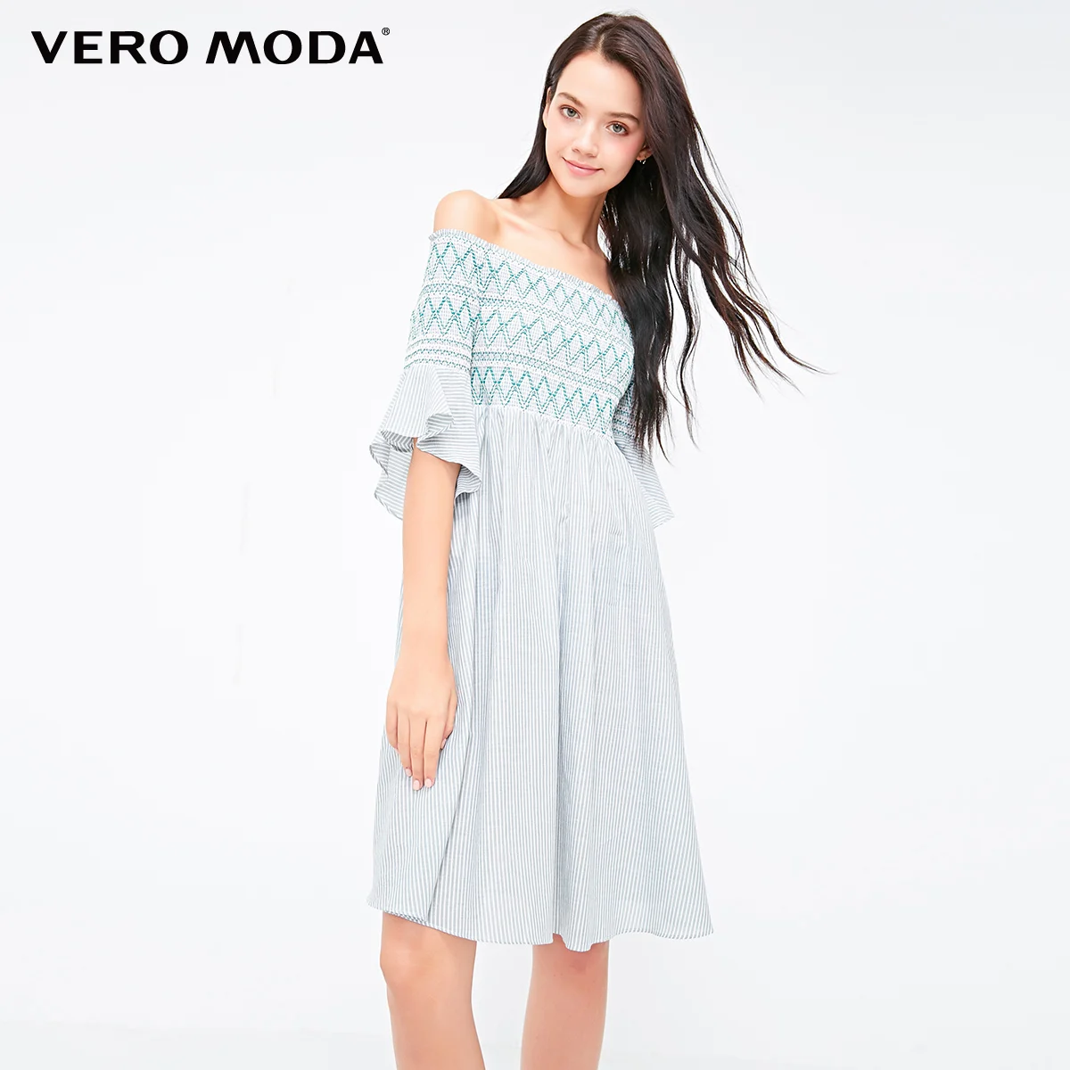 Vero Moda Полосатое платье с открытыми плечами и расклешенными рукавами | 31836Z518 - Цвет: Seaweed green