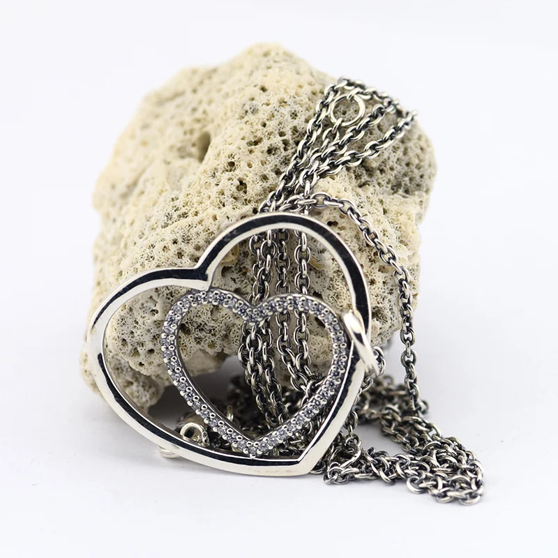 

FANDOLA Genuine 925 Sterling-Silver-Jewelry Necklaces for Women Heart to Heart Silver Pendant with Clear CZ and 90 cm Chain