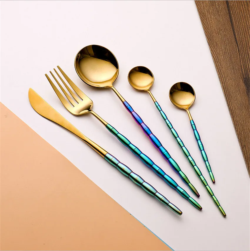 

Dinnerware 304 Stainless Steel Cutlery Knife Fork Tableware Gold Silver Bamboo joint Dinner Set