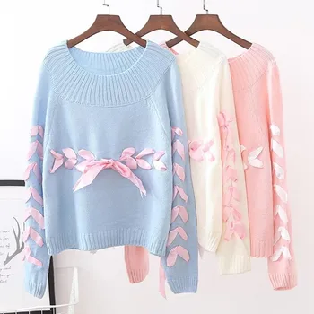 

Fall Japanese Women Sweaters Soft Sister Lace Up Ribbons Young Girl Preppy style Lovely Cute Knitting Shirt Solid Pink Sweater