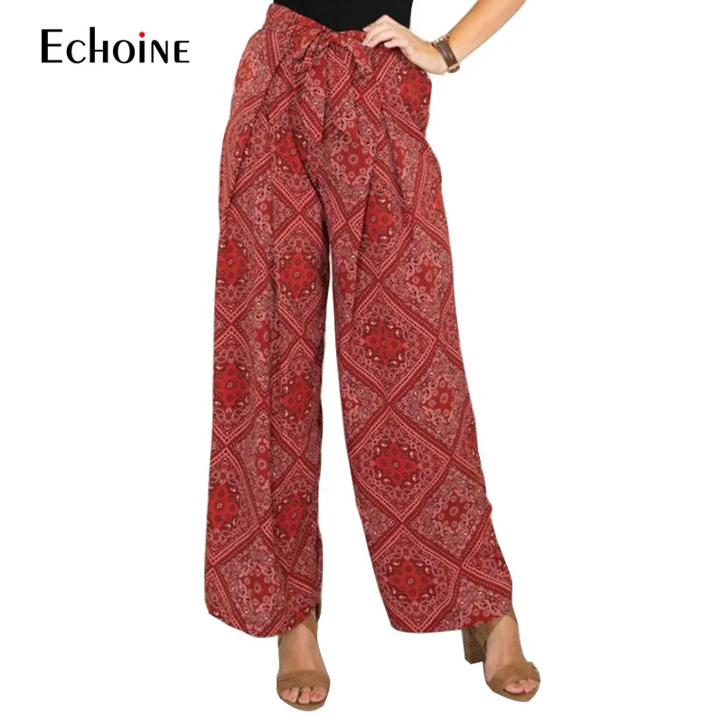 2019 Summer Fashion bohemian Wide Leg Pants Women Trousers Length with Sash Loose Casual Elegant streetwear Female Trousers 2019 Summer Fashion bohemian Wide Leg Pants Women Trousers Length with Sash Loose Casual Elegant streetwear Female Trousers