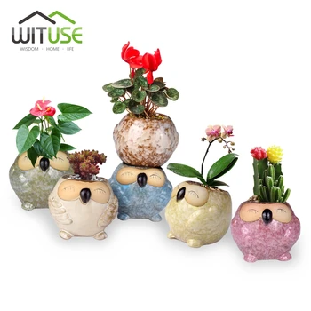 

WITUSE Owl Shape Flower Pots Plant Animal Style Colorful Glazed Ceramic Smiling Owl Vase Desk DIY Gardening Succulent Plant Pot