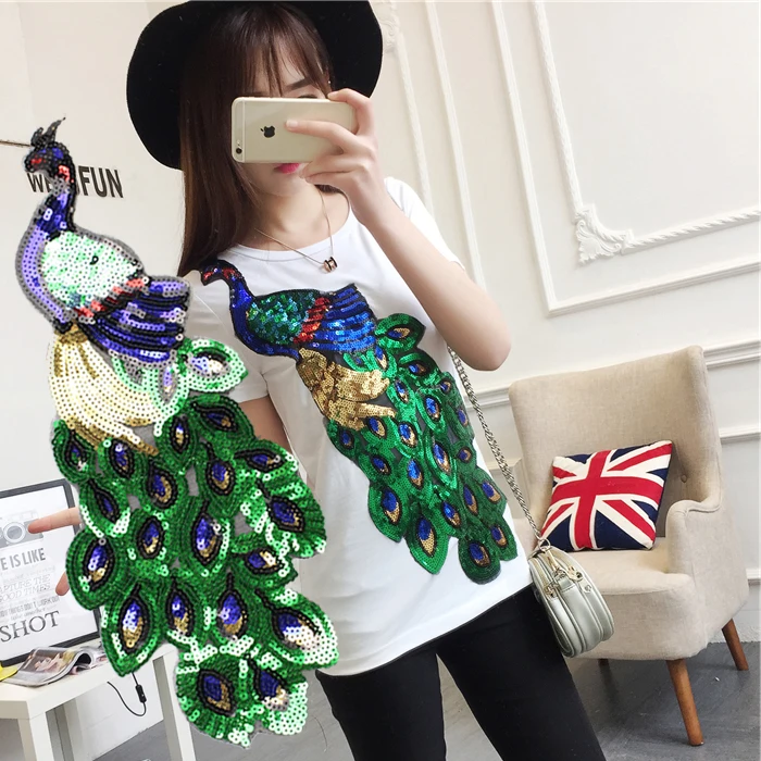 

Fashion colored sequins embroidery peacock cloth stickers decorative sweater denim jacket patch sticky diy decoration A437