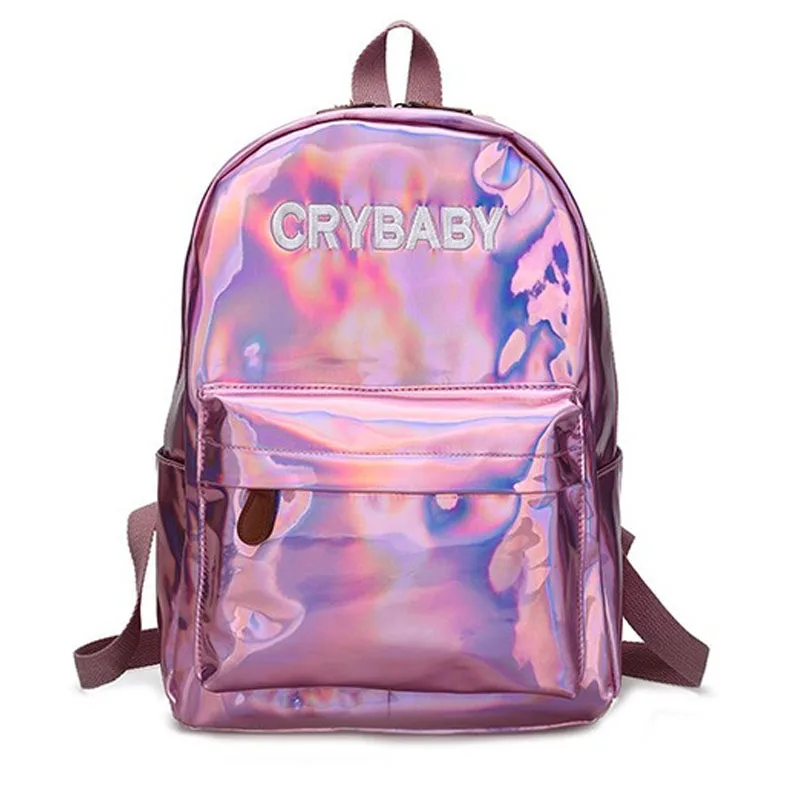 Harajuku Embroidery Letters Crybaby Hologram Laser Backpack Women Soft