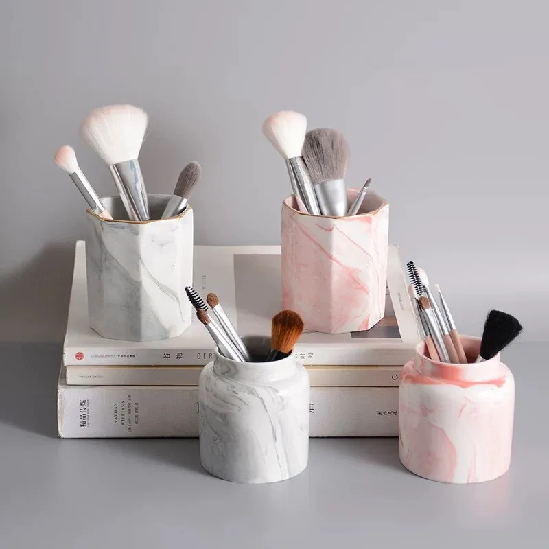 Multi-Purpose Marble Pattern Storage Holder Cosmetic Brush Makeup Holder Ceramic Pencil Bucket Pen Storage Rack Container
