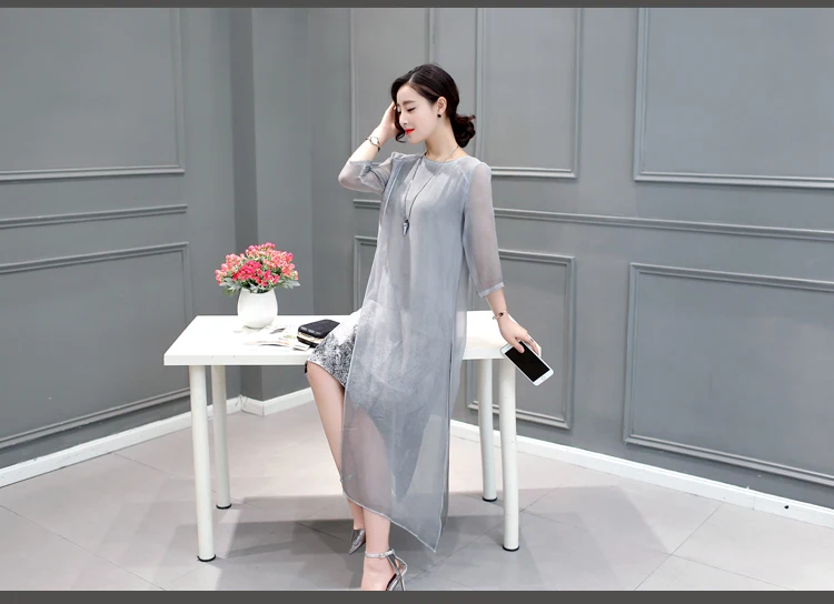 Women Summer vestidos Irregular Chiffon Dress Plus Size O Neck Long Sleeve Leaves Print Ladies Casual Artsy Retro Dress