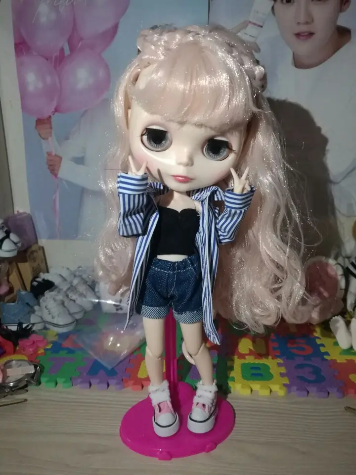 30cm 1//6 Dolls Accessories Blue Striped Shirt Bra Short Jeans Pants 3pcs//set