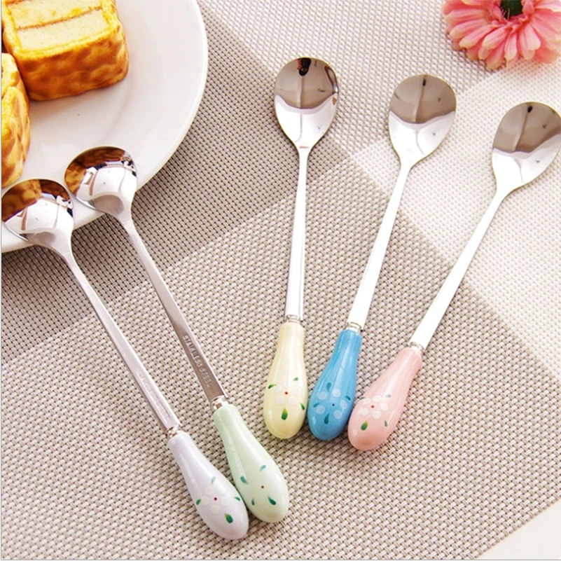Lovely Kitchen Tools Stainless Steel Spoon Ceramic Handle Coffee Milk