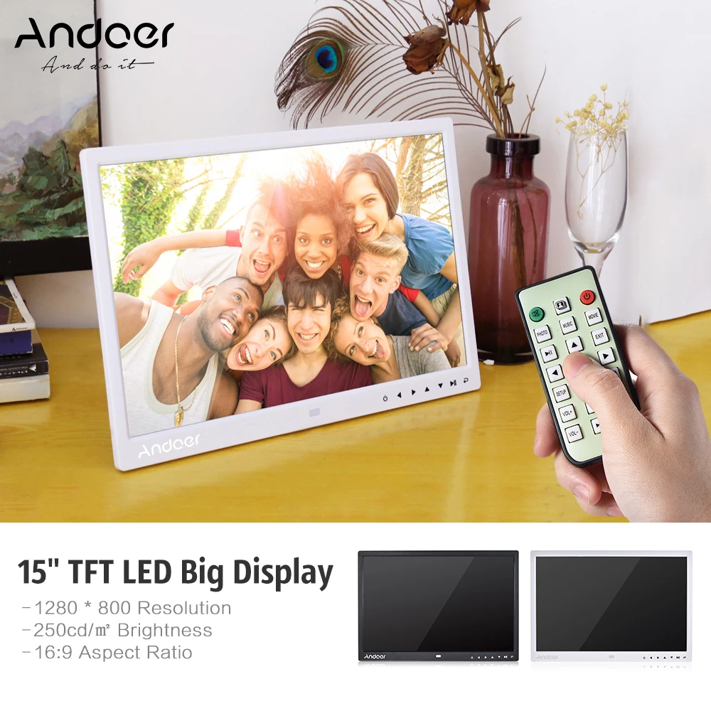 Andoer 1" TFT светодиодный цифровой фоторамка Поддержка 1080 P MP4 видео MP3 аудио TXT электронная книга часы календарь 1280*800 HD w/пульт дистанционного управления