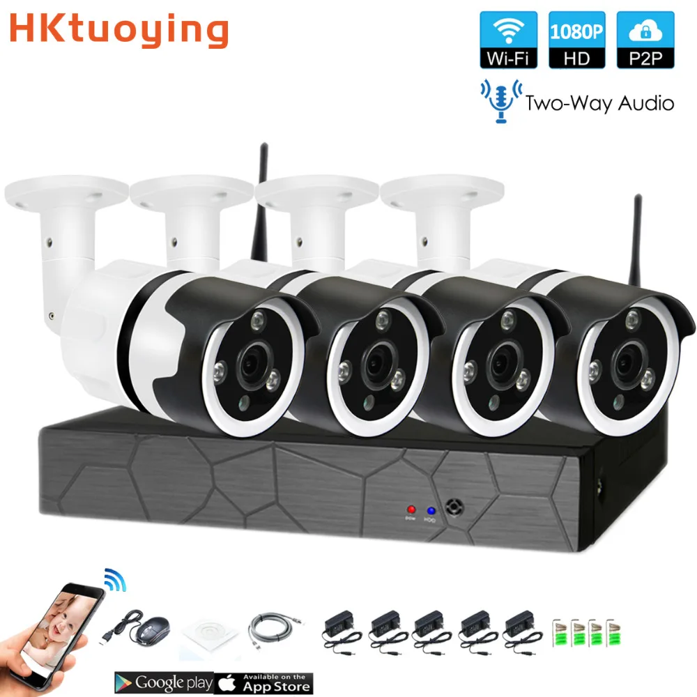 4CH с подкладкой аудио разговора HD Беспроводной NVR Kit P2P 1080P внутренний наружный IR
