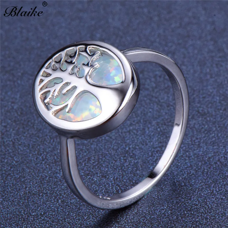 Blaike Luxury Blue/White Fire Opal Cute Life Tree Rings For Women Men 925 Sterling Silver Birthstone Fine Jewelry Graduate Gift