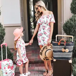 Семейный образ, модные летние платья для мамы и дочки, платье с цветочным рисунком для маленьких девочек, одинаковые комплекты одежды для