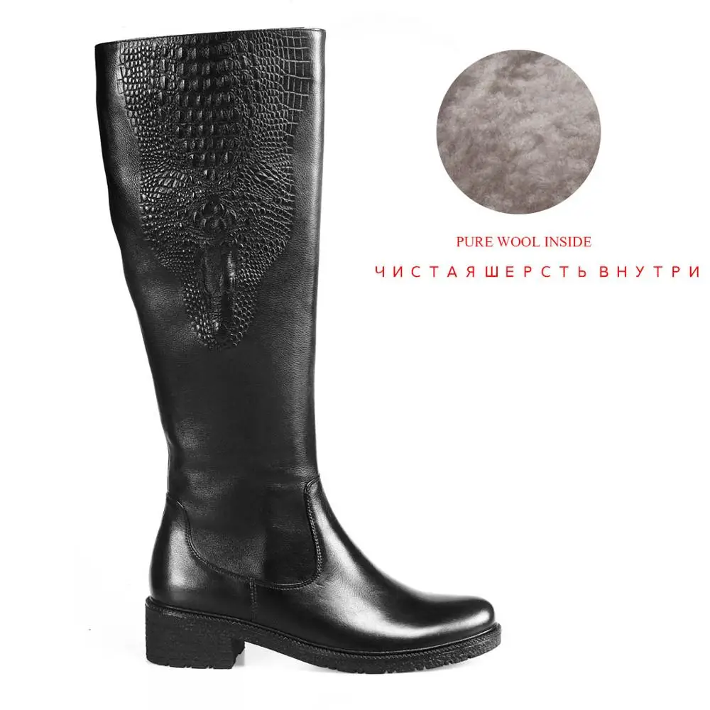 LIDIAN/женские высокие сапоги с узором «крокодиловая кожа»; винтажные зимние сапоги до колена из телячьей кожи с подкладкой из короткого плюша или шерсти; H7 - Цвет: black wool