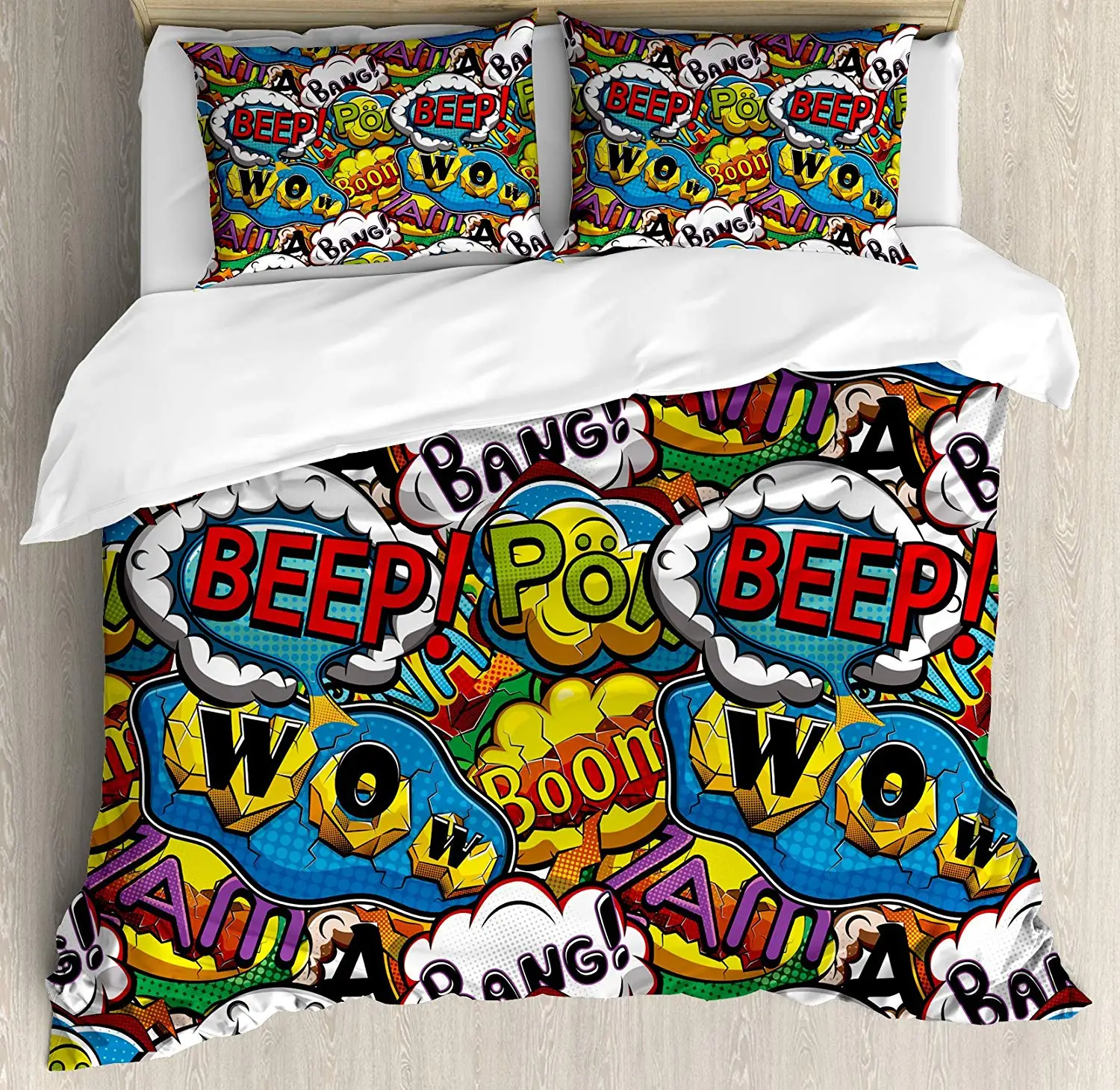 

Comics Speech Bubbles Beep Wow with Vivid Old Effects Boys Supernatural Print Decorative 3 Piece Bedding Set with 2 Pillow Shams