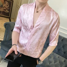 Розовые мужские шелковые рубашки, роскошные мужские рубашки Camisa Social Masculina, облегающие атласные черные рубашки, мужские Модные, японские летние мужские рубашки