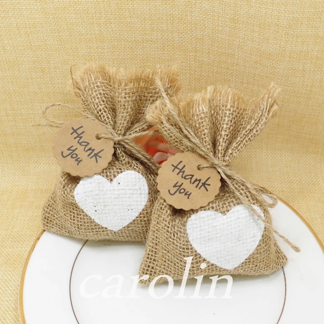 50pcs Burlap Bag Jute White Heart Gift Bags Candy With Thank You Tag Wedding Gifts 50pcs Burlap Bag Jute White Heart Gift Bags Candy With Thank You Tag Wedding Gifts