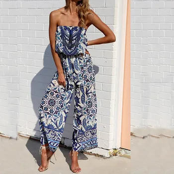 

Women Loose Sleeveless Strapless Sexy Jumpsuits Casual Floral Print Overalls Bohemian Wide Leg Long Beach Rompers