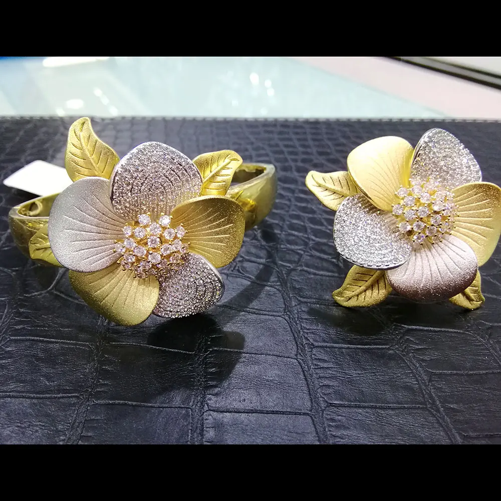 

GODKI Luxury 3Tone Flower Nigeria Bangle Ring Set Jewelry Set For Women Wedding Cubic Zircon Crystal CZ Dubai Bridal Jewelry Set