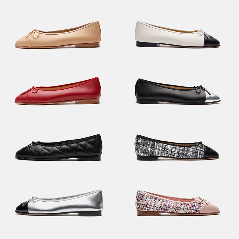 

Women round head color matching leather flat shoes casual shallow bow ballet shoes