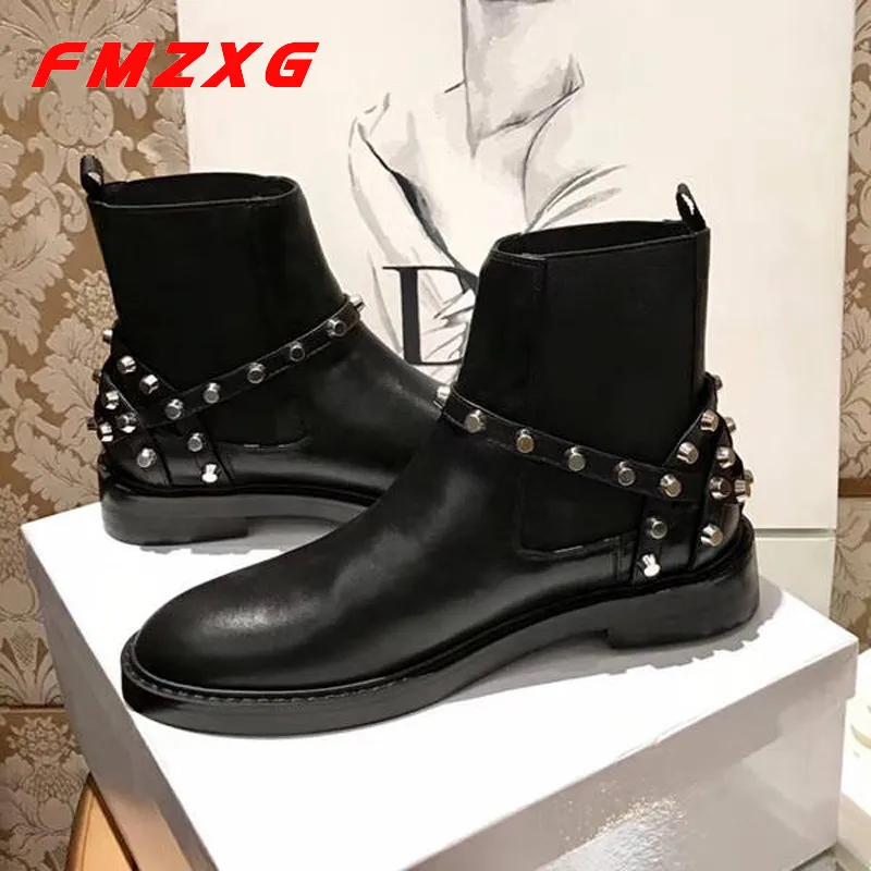 

Women's Genuine Leather Booties Boots Winter Super Quality Ankle Boot Designer Luxury Brand Motorcycle Rivets Thick Sole Boots