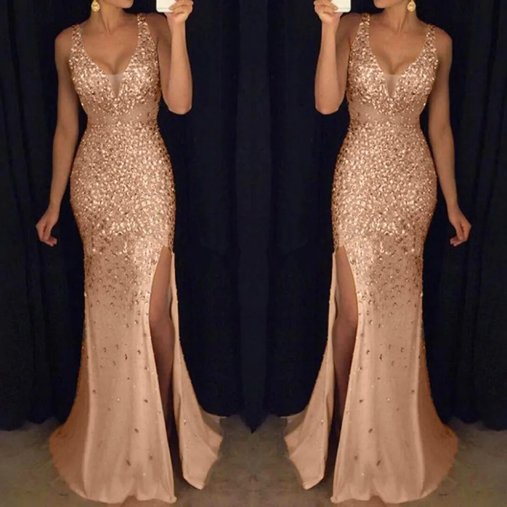 

New Women Spring Summer V-Neck Long Party Elegant Maxi Dress Sexy Lace Solid Sleeveless Golden Hollow Dress #4M15