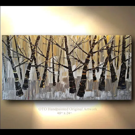 

Hand Painted Landscape Griege Art Birch tree Aspen Palette Knife Oil Painting On Canvas Modern Home Decoration Living Room Art
