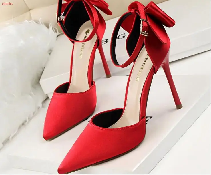 

Fashion new sweet ultra high heels female sense shallow mouth low toe shoes pointed female shoes stiletto Bow tie with sandals