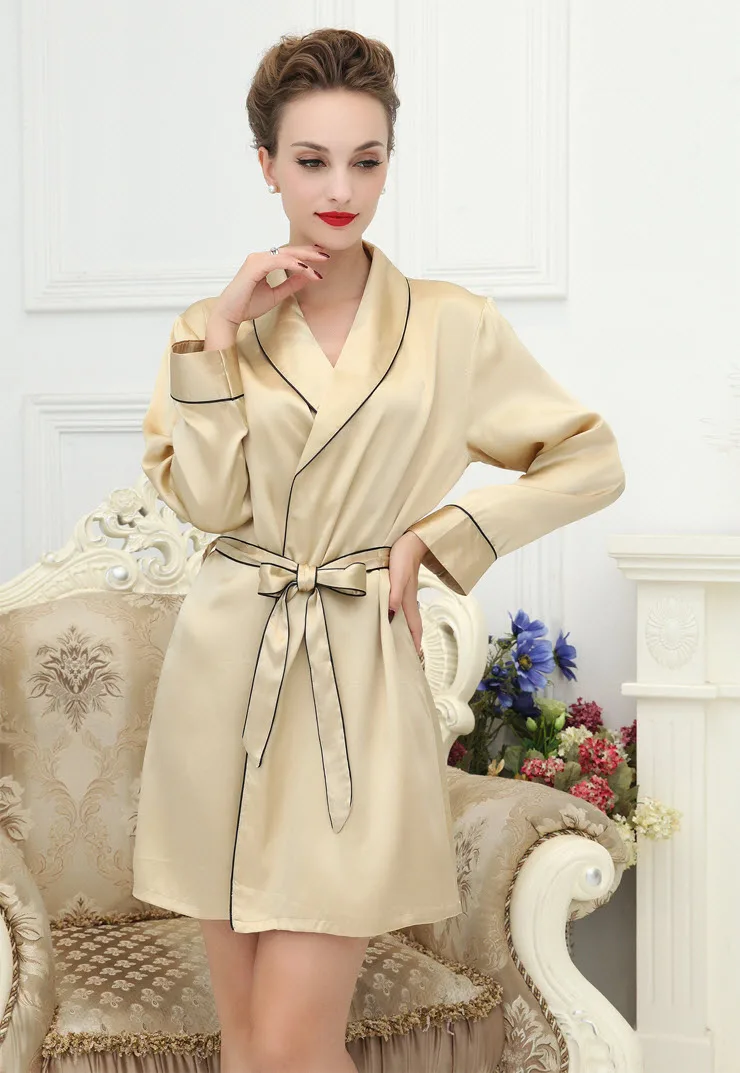 KHAKI S1611 Шелк тутового шелкопряда пижамы натуральный тяжелый шелк с длинным рукавом Женские Большие размеры халат s m l xl XXL - Цвет: KHAKI S1611