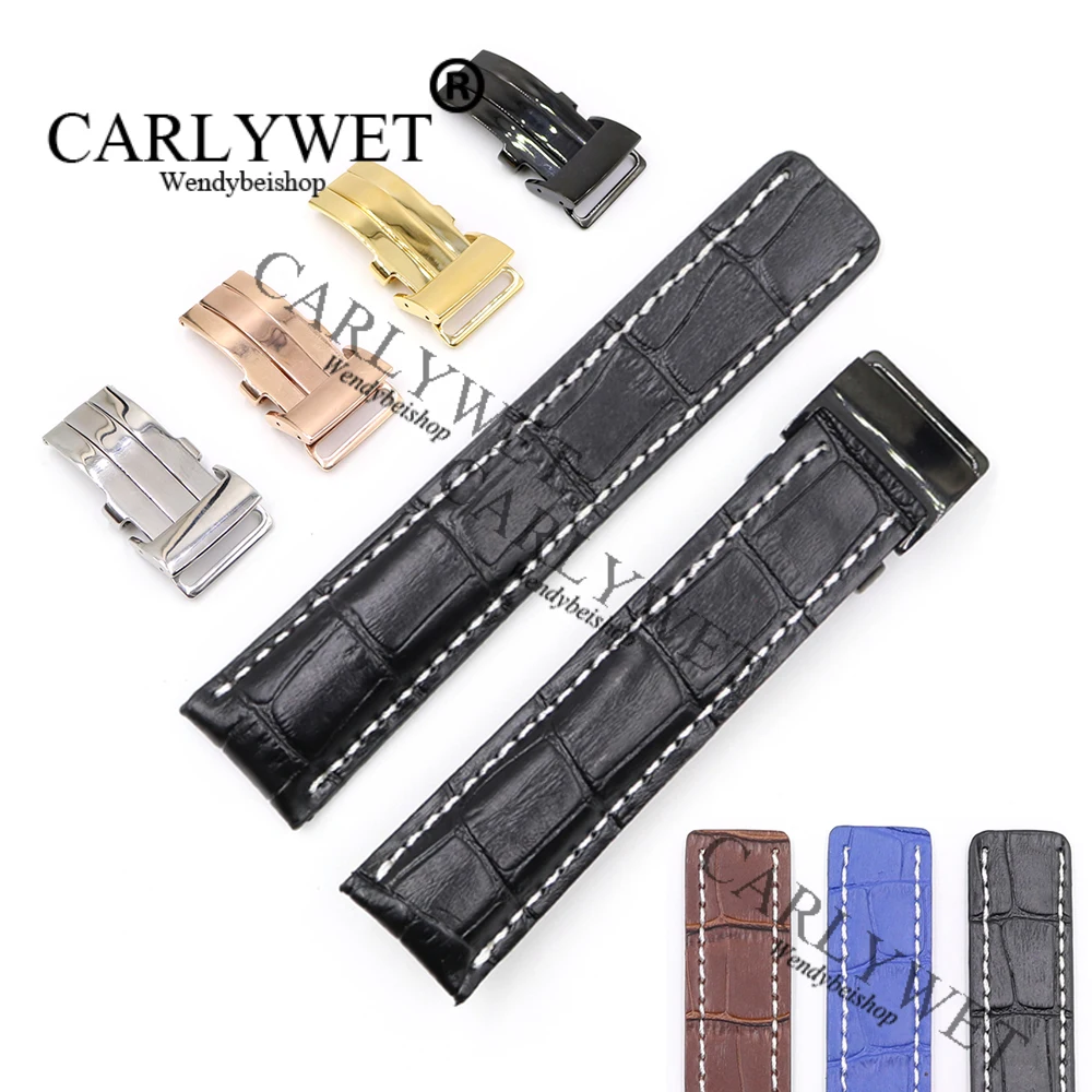 

CARLYWET 22 24mm Black Brown Blue Replacement Real Cowhide Leather Wrist Watch Band Strap For Super Ocean Driver