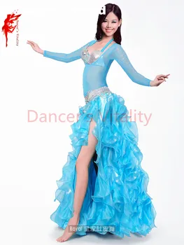 

Women belly dance clothing stones top+bra+belt+satin Curling skirt 4pcs belly dance suit lady belly dance performance suit SML