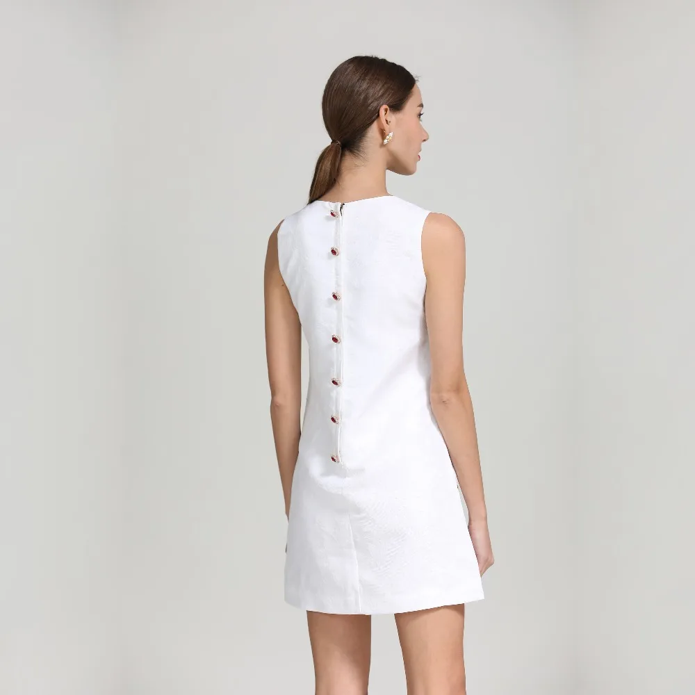 HAMALIEL Runway Luxury Summer A-Line Party Dress Women Sleeveless Diamonds Beading Vest Jacquard Dress Vintage White Print Dress