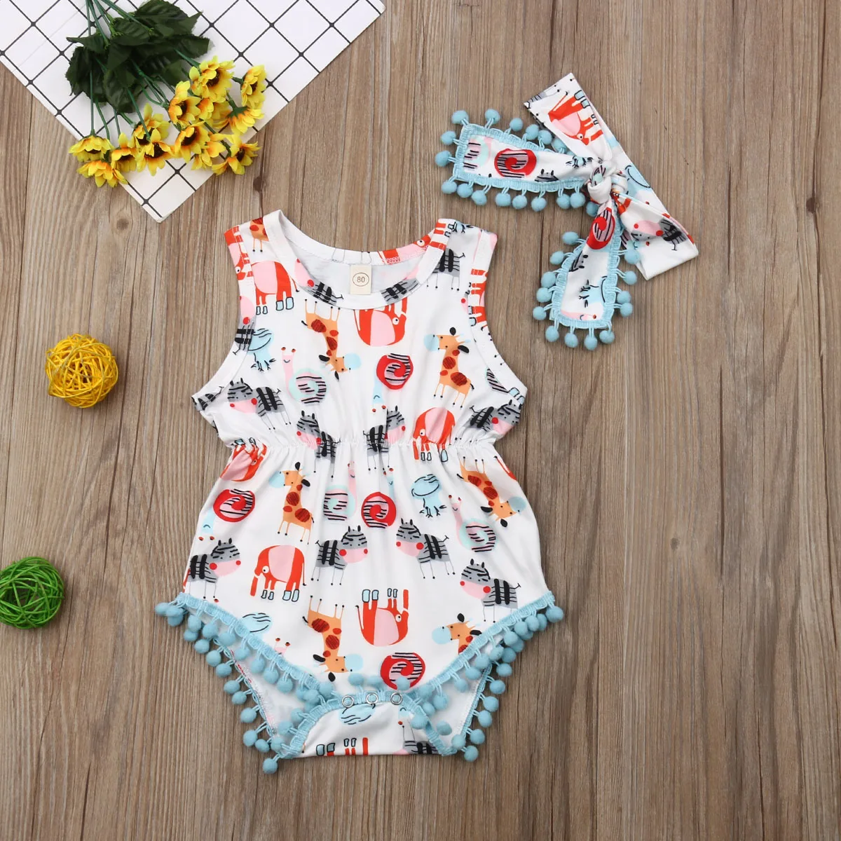 Emmababy новые Модная одежда для новорожденных, маленьких девочек милый Животные принт Ленточки Детский комбинезон с повязкой-бантом, комплект из 2 предметов, комплект одежды хлопковая одежда