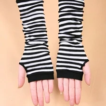 Women Knit Long Arm Warmers Sleeves Winter Fingerless Gloves Striped Gloves