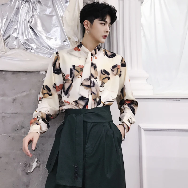 

MIXCUBIC 2018 Autumn British style unique Tie collar printed shirts men casual loose Rose printed shirts for men,size M-XXL