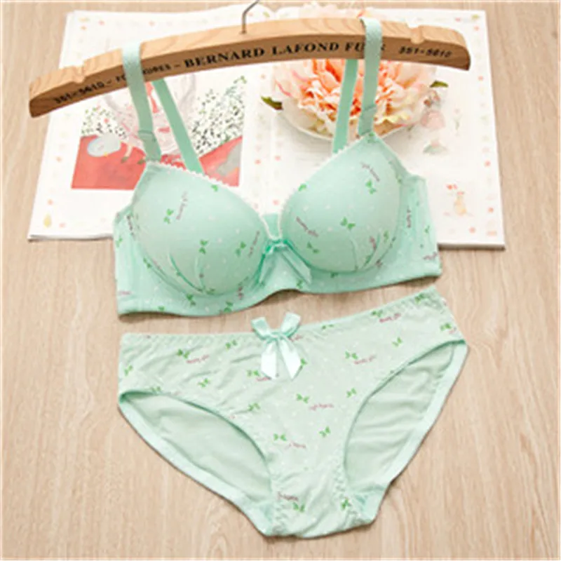 Young Puberty Girl Training Bras Set Student Wire Soft Print Spandex Bras  Panties Teenagers Underwears Set High Quality 12 20Y