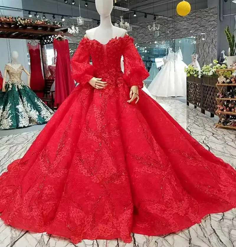 Red Роскошные Красные кружевные свадебные платья с цветами, пышные длинные рукава, большая юбка, волнистая Нижняя юбка, включая дизайн, свадебные платья - Цвет: Red