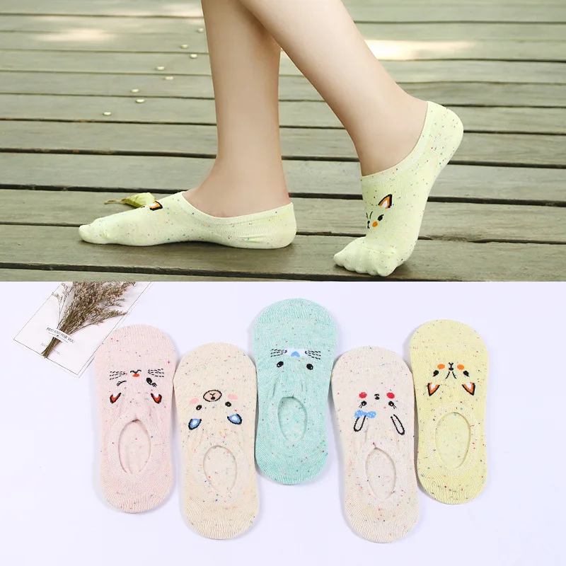 

Women Antiskid Sock Slippers Cute Invisible Socks with print Cotton Summer Non-Slip Boat Socks Cute Rabbit Embroidered