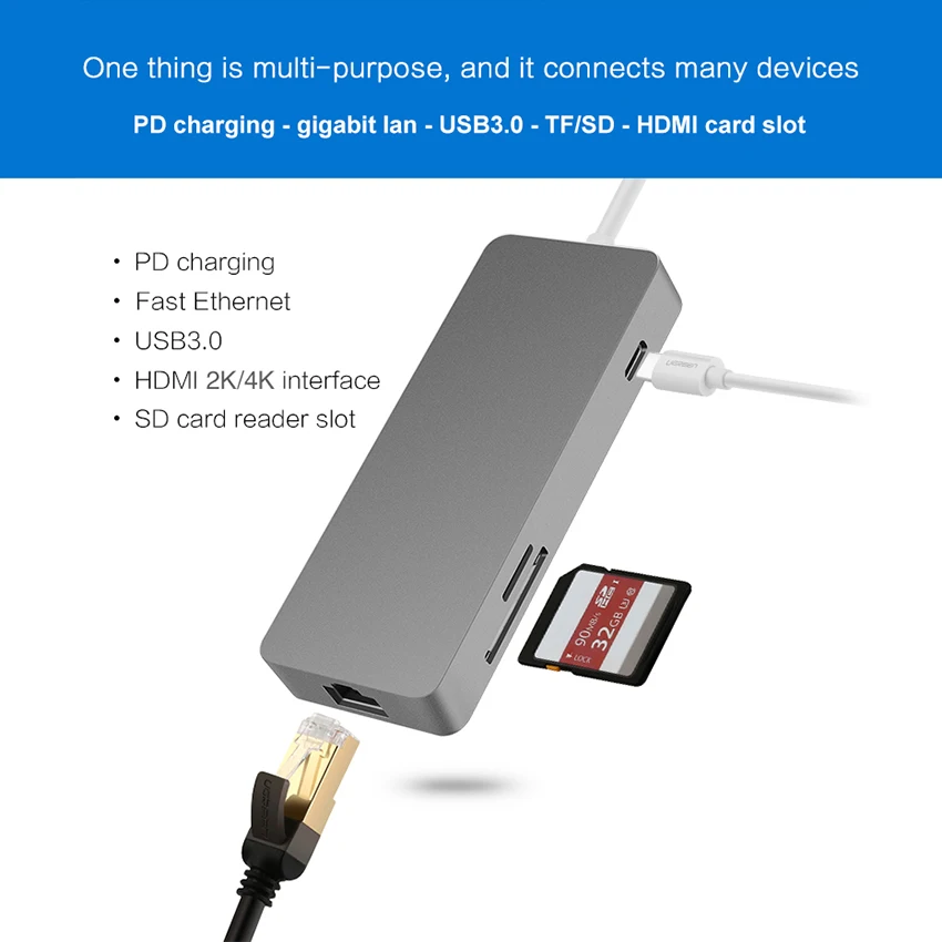 USB-C Тип C концентратор для Macbook сплитер адаптер USB 3,0 TF/SD кард-ридер 2 K видео HDMI 1000 Мбит/с RJ45 сети Ethernet