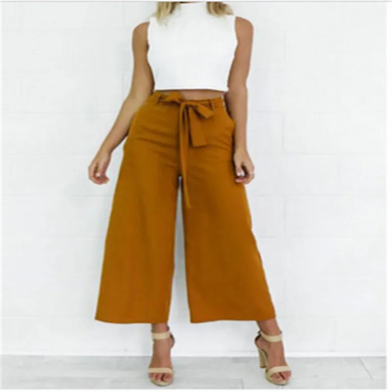 high waisted formal palazzo pants women bow tie elegant wide leg pants