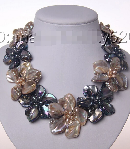 

classic black champagne baroque pearl shell flower leather necklace AAA style Fine Noble real Natural free shipping