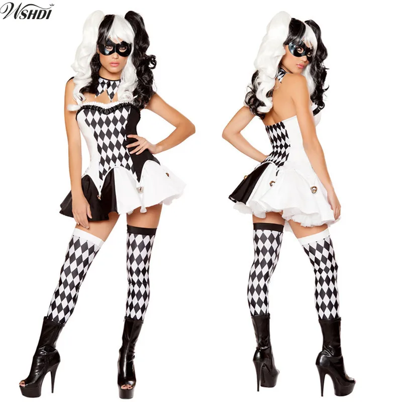 

Black White Lattice Clown Costume Halloween Cosplay Costume Adult Funny Circus Carnival Fancy Party Dress