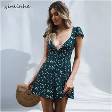 Yinlinhe V Vestido pescoço Verão Botão Floral Bowknot Tie Sexy Mulheres Vestido de Manga Curta Elegante Magro Cintura Vestidos 350