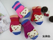 Children bag neck hung gloves 1 to 6 yeas Cartoon bear head knitted gloves Boys and girls bag gloves