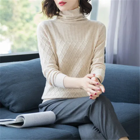 beige Корейский стиль, чистый козий кашемир, Одноцветный вязаный женский свитер с высоким воротом, тонкий короткий пуловер, свитер, светильник, серый цвет, 4 цвета, M-XL - Цвет: beige