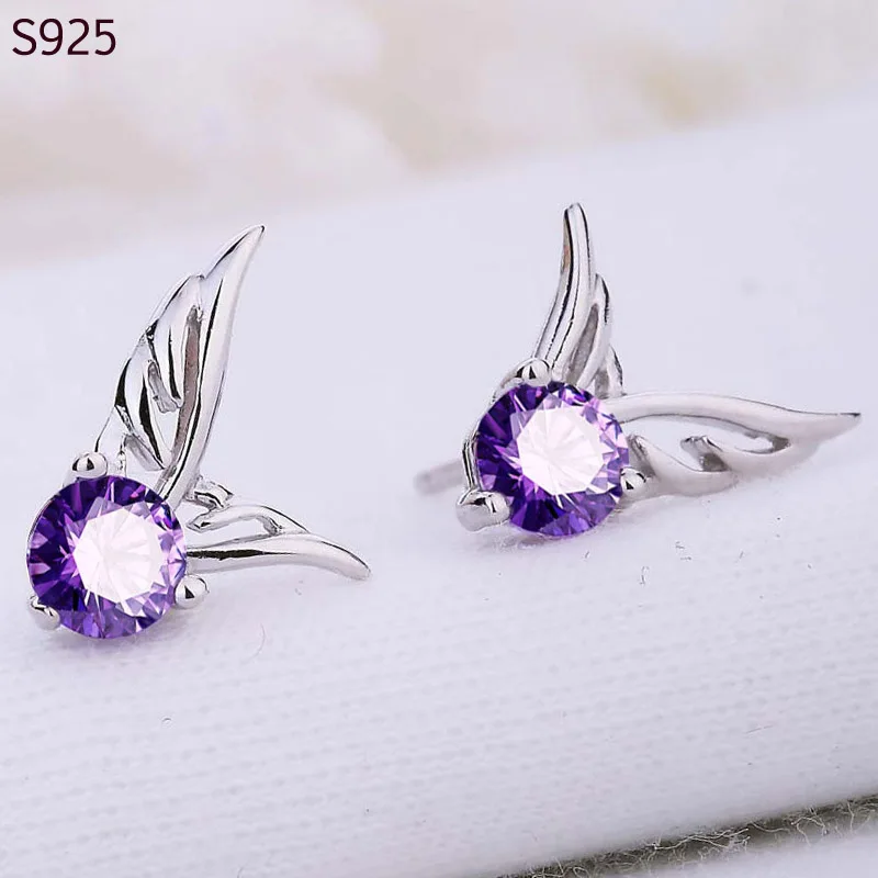 

Genuine Real Pure Solid 925 Sterling Silver Stud Earrings for Women Jewelry Purple Wing Cubic Zircon Female Earrings Bijoux