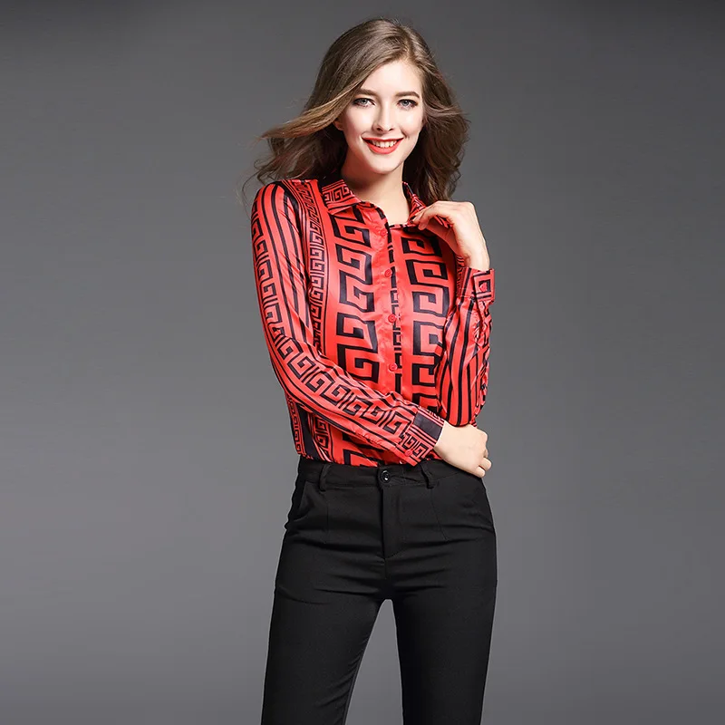 

Women Red Print Blouses 2019 New Fashion Ladies Elegant Long Sleeve Turn Down Collar Blouse Shirts Casual Office Tops Plus Size